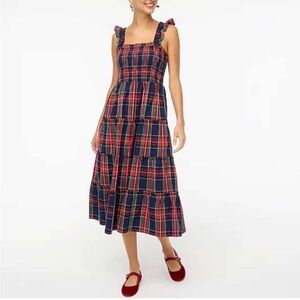 J Crew Factory Plaid Smocked Tiered Midi Dresss EUC